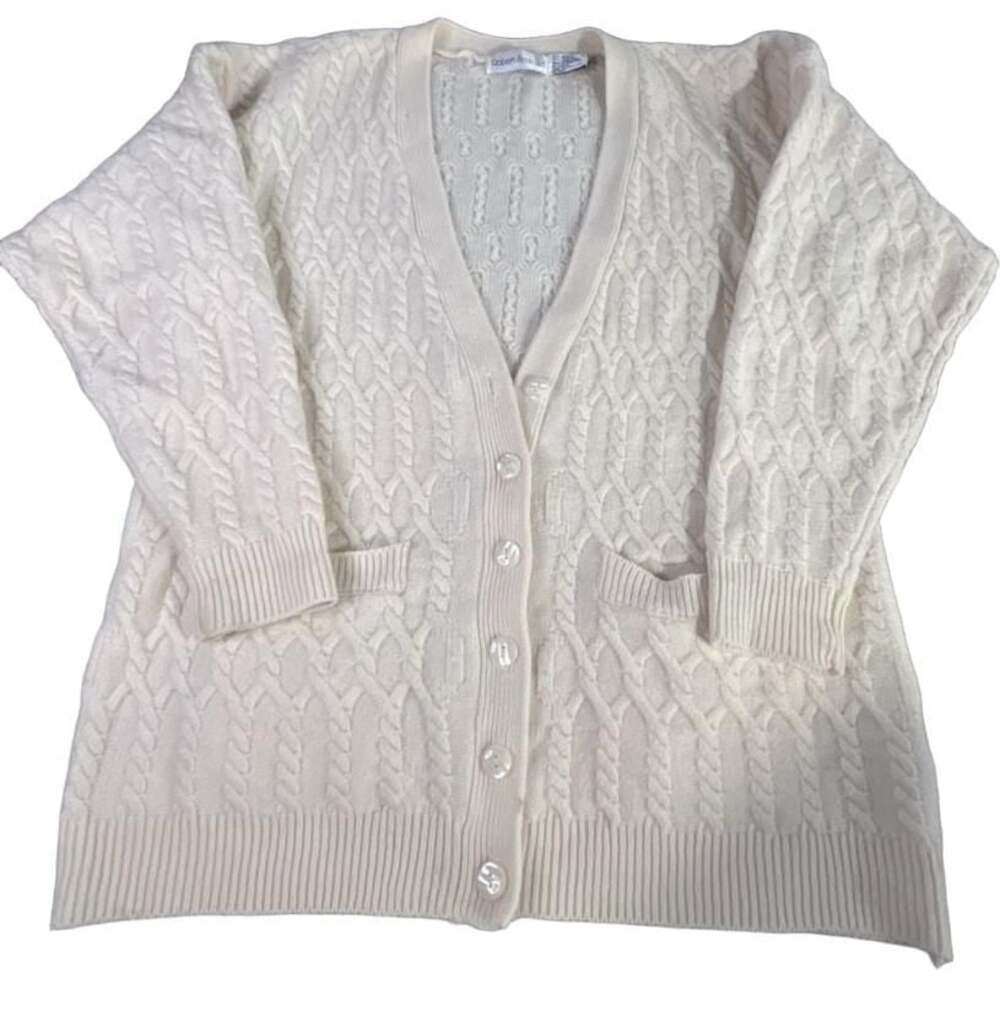 Robert Scott Ltd Vintage Cable Knit Button Front Cardigan Sweater Cream Size L